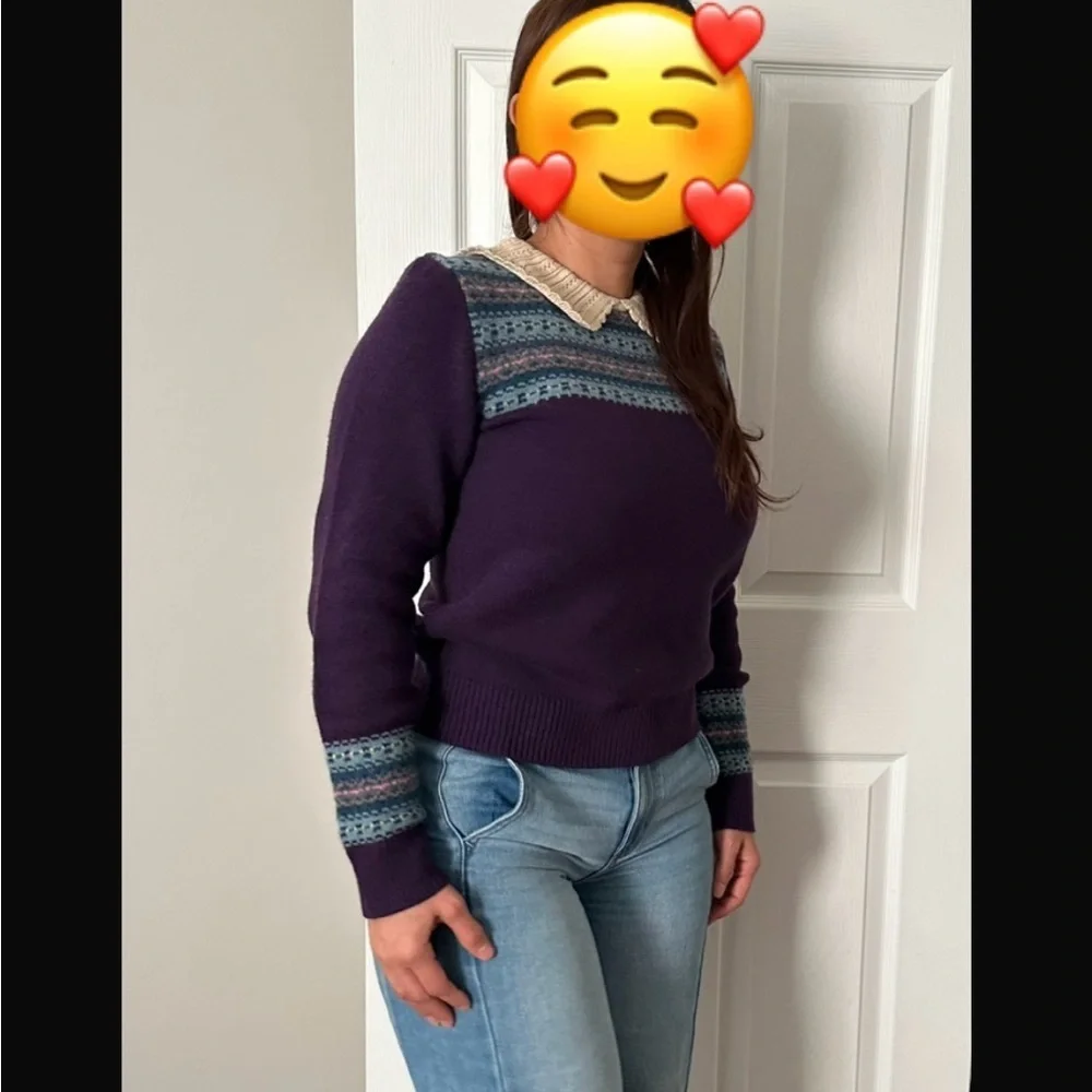 Ralph Lauren Purple Fair Isle Sweater with Cream Lace Collar